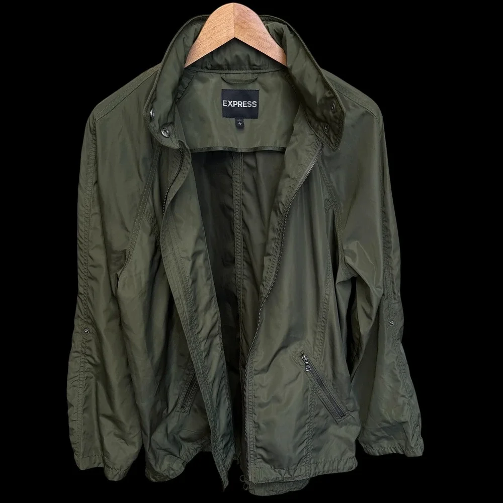 Express Womens Olive Green Lightweight Hooded Windbreaker Jacket Size L #524‎